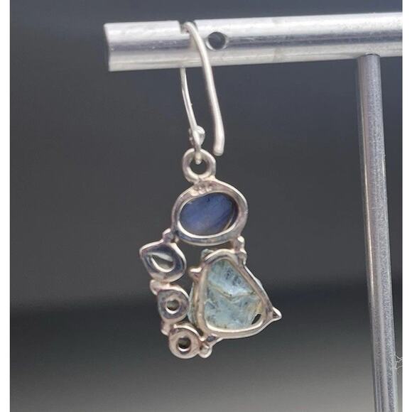 Sterling Silver 925 Earrings Rough Aquamarine Blue Topaz & Kyanite Hook Dangle - Picture 11 of 16